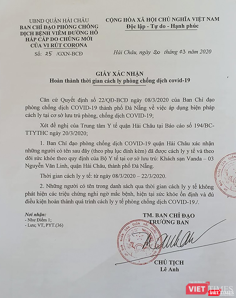 Giấy xác nhận hoàn thánh cách ly phòng, chóng dịch COVID-19 cấp cho du khách và nhân viên khách sạn Vanda