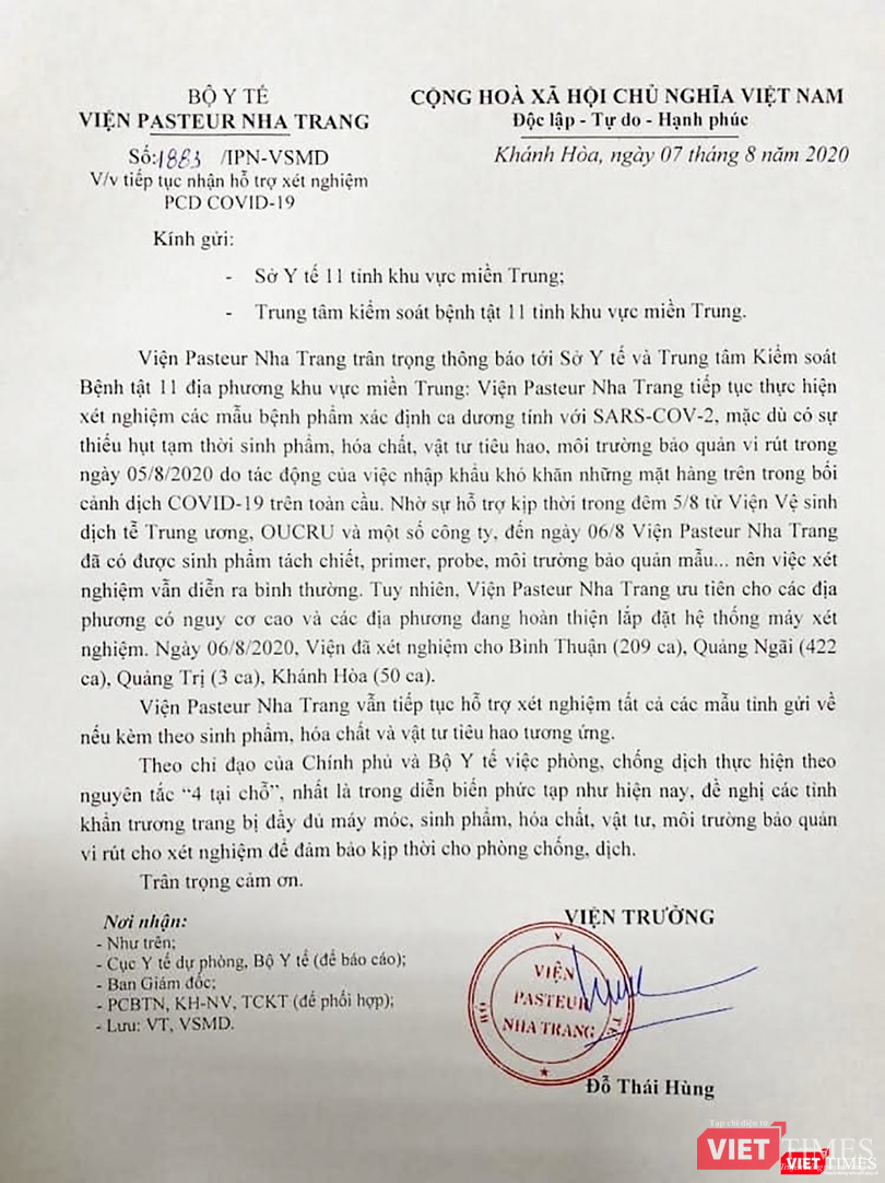 Văn bản tiếp tục tiếp nhận mẫu xét nghiệm COVID-19 của Viện Pasteur Nha Trang