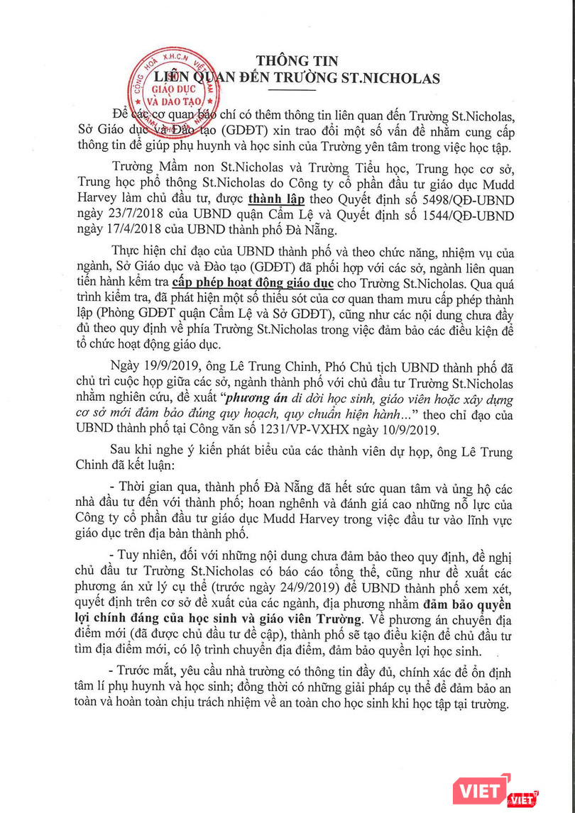 Văn bản mới nhất về sự việc ở Trường St.Nicholas sau chỉ đạo dừng hoạt động và di dời học sinh, giáo viên của Phó Chủ tịch thường trực UBND TP Đà Nẵng Đặng Việt Dũng