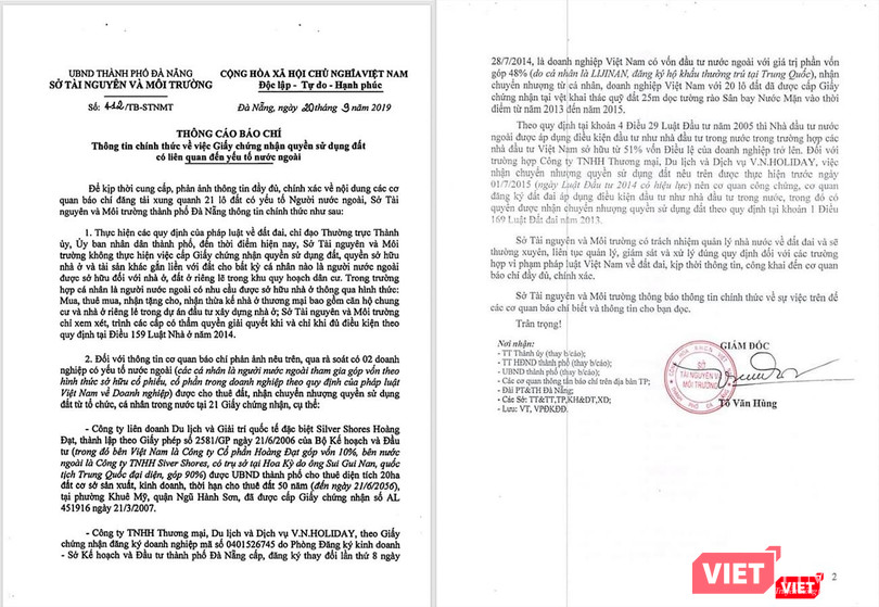 Thông cáo báo chí của Sở TN&MT TP Đà Nẵng về vụ việc