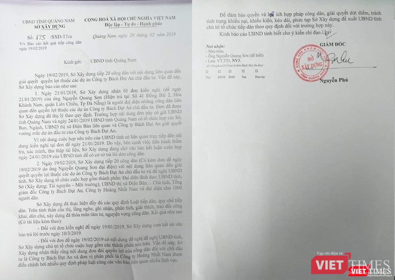 Văn bản báo cáo của Sở Xây dựng tỉnh Quảng Nam về vụ việc