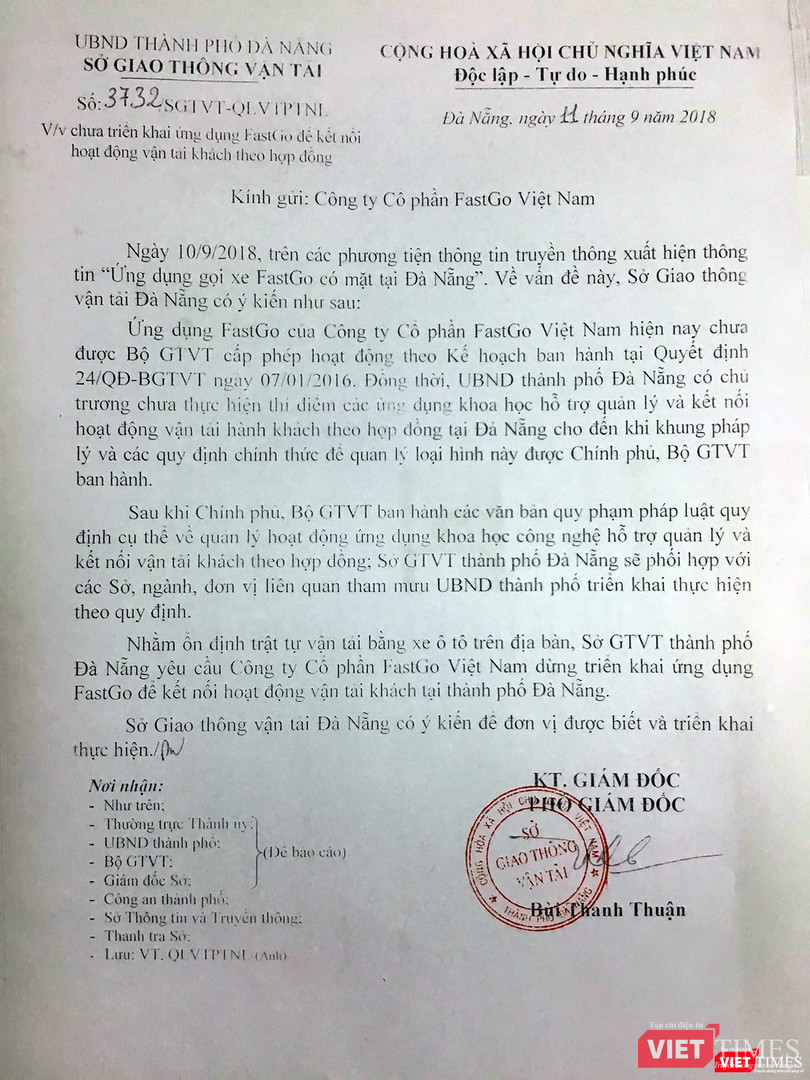 Công văn số 3732/SGTVT-QLVTPTNL ngày 11/9/2018 của Sở GTVT Đà Nẵng gửi Công ty Cổ phần FastGo Việt Nam yêu cầu dừng triển khai ứng dụng Fast Go tại Đà Nẵng