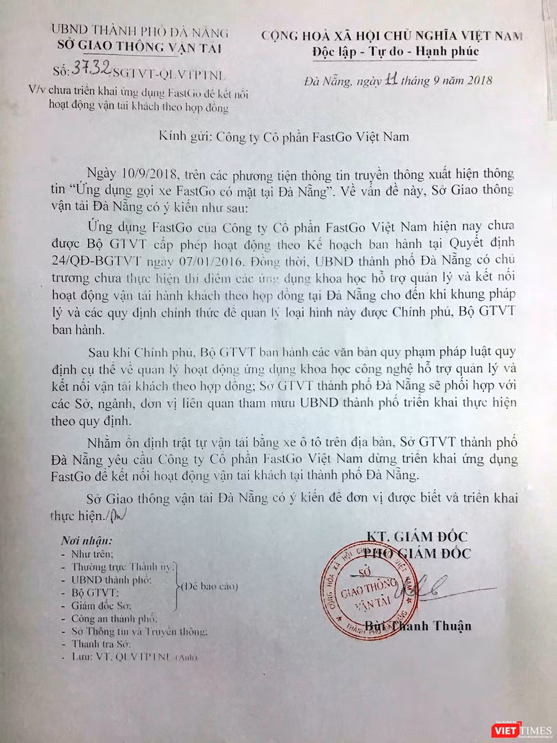 Công văn số 3732/SGTVT-QLVTPTNL ngày 11/9/2018 của Sở GTVT Đà Nẵng gửi Công ty Cổ phần FastGo Việt Nam yêu cầu dừng triển khai ứng dụng Fast Go tại Đà Nẵng Công văn số 3732/SGTVT-QLVTPTNL ngày 11/9/2018 của Sở GTVT Đà Nẵng gửi Công ty Cổ phần FastGo Việt Nam yêu cầu dừng triển khai ứng dụng Fast Go tại Đà Nẵng