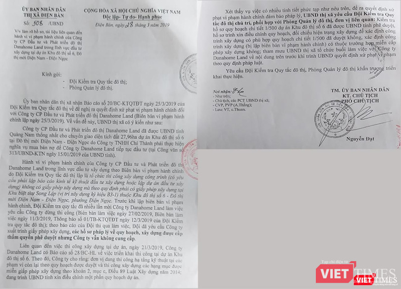 Văn bản của UBND thị xã Điện Bàn chỉ đạo làm rõ vụ việc xây dựng tại Khu biệt thự Song lập do DanaHome Land làm chủ đầu tư