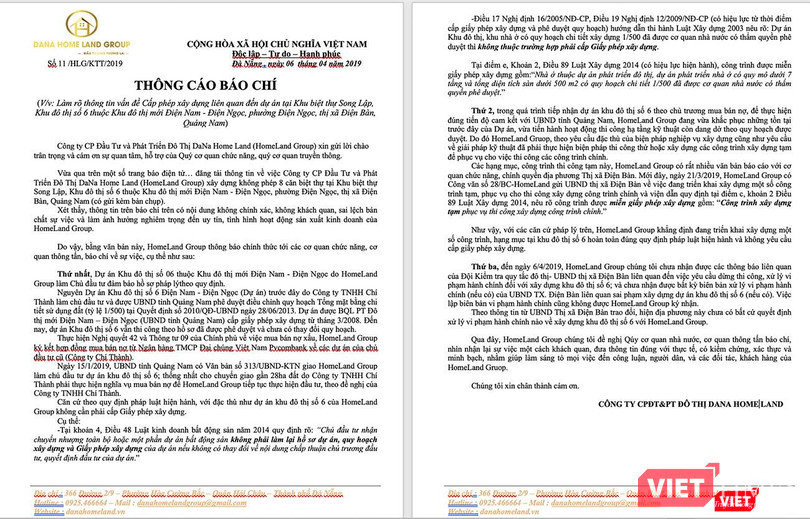 Theo Thông cáo của DanaHome Land thì đơn vị này đã thi công hạng mục công trình đúng quy định pháp luật, không phải 