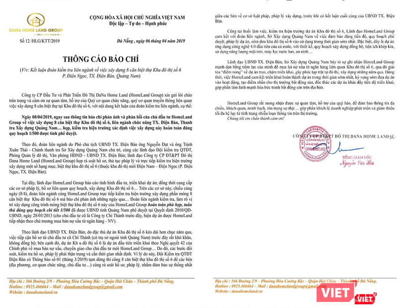 Ngày 9/4, DanaHome Land có Thông cáo số 12 khẳng định việc thi công đúng quy hoạch được duyệt và giấy phép xây dựng đã cấp cho chủ đầu tư cũ