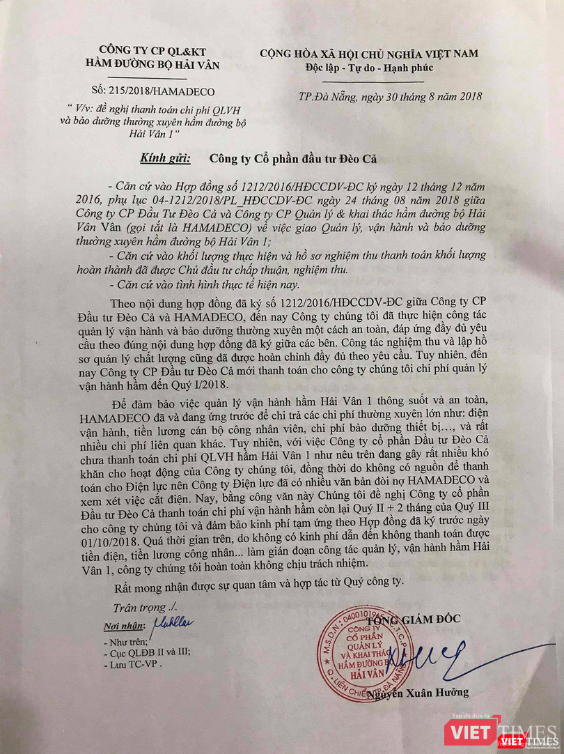 Hamadeco phát công văn đòi tiền đối với Công ty CP Đầu tư Đèo Cả