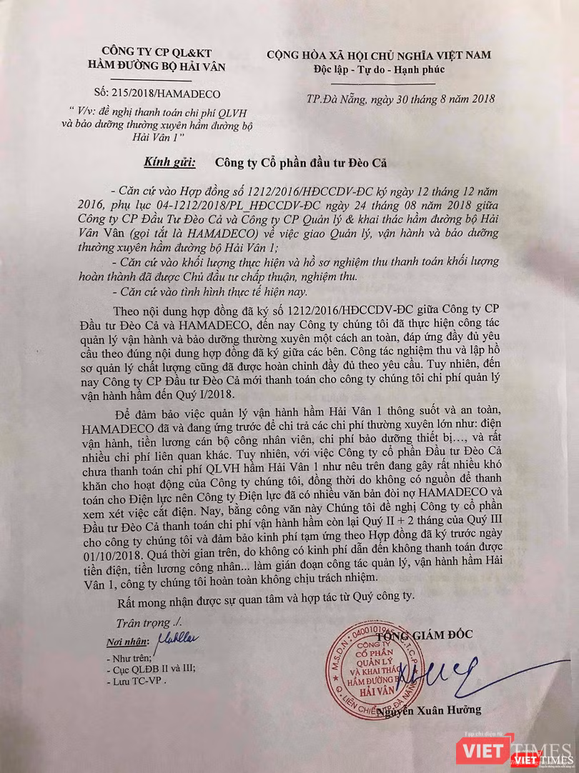Hamadeco phát công văn đòi tiền đối với Công ty CP Đầu tư Đèo Cả