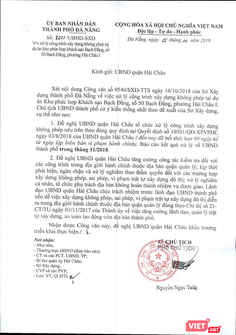 Công văn của UBND TP Đà Nẵng yêu cầu UBND quận Hải Châu xử lý sai phạm tại Dự án Khu phức hợp khách sạn Bạch Đằng theo phân cấp quản lý