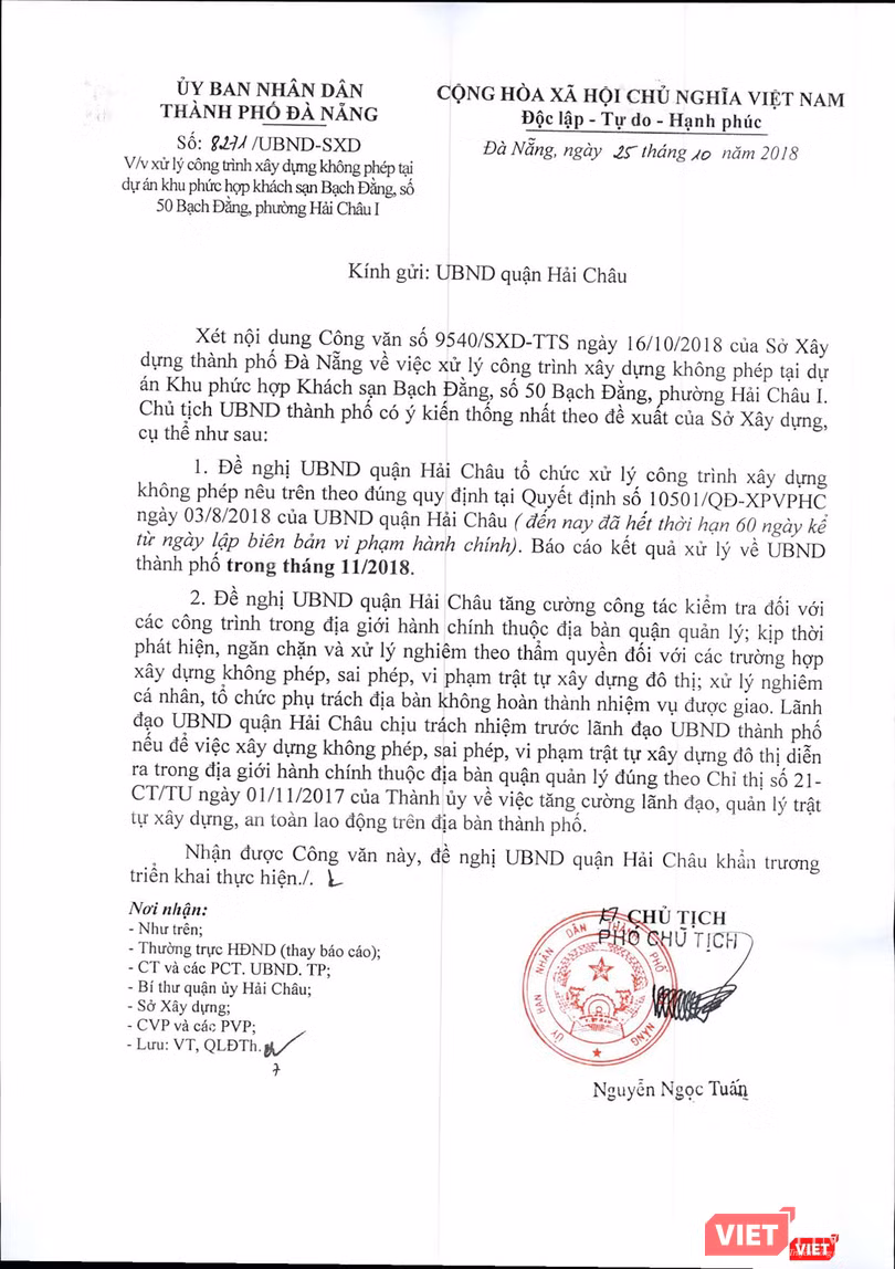 Công văn của UBND TP Đà Nẵng yêu cầu UBND quận Hải Châu xử lý sai phạm tại Dự án Khu phức hợp khách sạn Bạch Đằng theo phân cấp quản lý