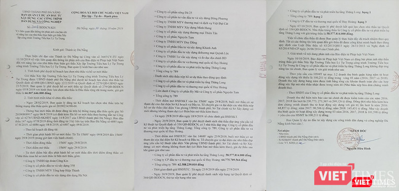 Báo cáo liên quan đến kết quả mở thầu dự án xây dựng Trường Tiểu học Lý Tự Trọng của Ban QLDA gửi Thành ủy Đà Nẵng