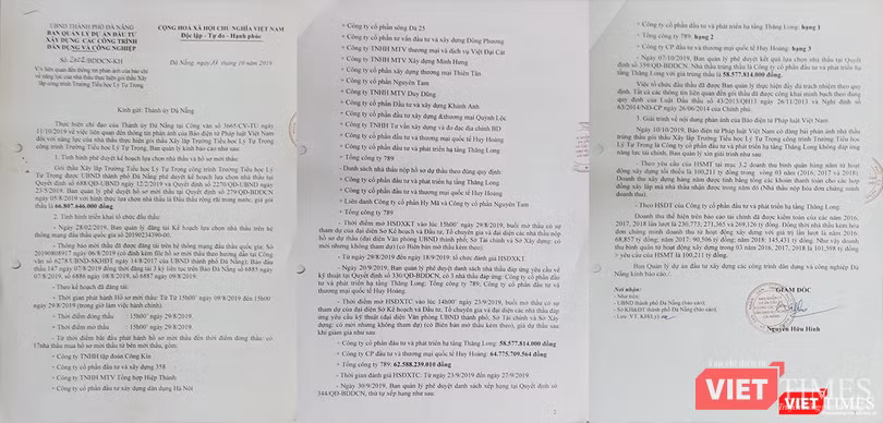 Báo cáo liên quan đến kết quả mở thầu dự án xây dựng Trường Tiểu học Lý Tự Trọng của Ban QLDA gửi Thành ủy Đà Nẵng