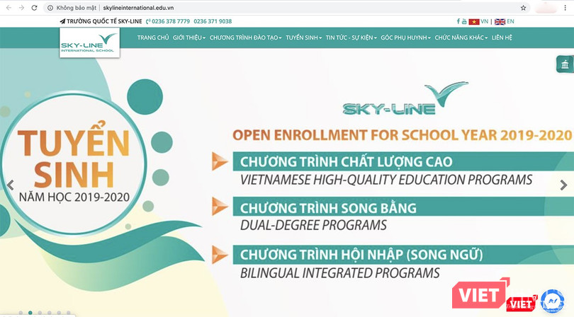 Website của trường liên cấp Skyline với thông báo tuyển sinh là trường quốc tế