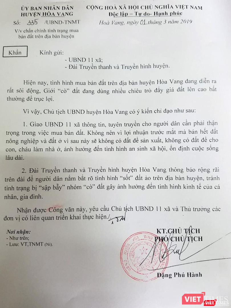 Văn bản khẩn của UBND huyện Hòa Vang gửi UBND 11 xã cảnh báo tình trạng cò đất thổi giá