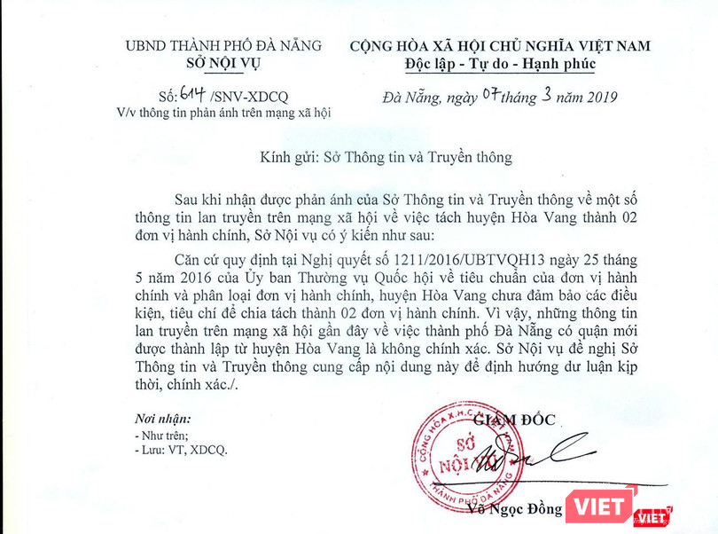 Văn bản của Sở Nội vụ TP Đà Nẵng bác bỏ tin đồi thất thiệt