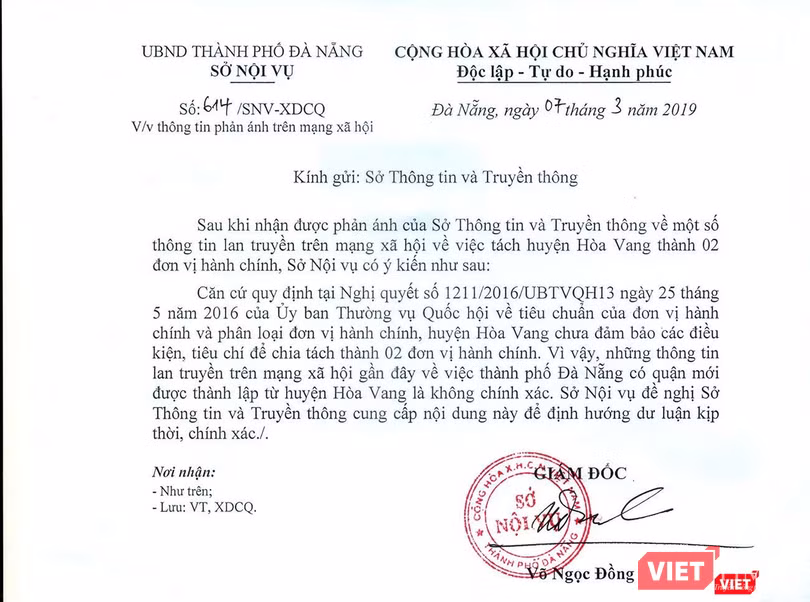 Văn bản của Sở Nội vụ TP Đà Nẵng bác bỏ tin đồi thất thiệt