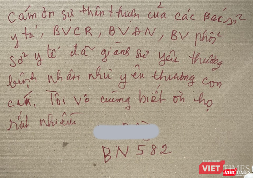 Thư cảm ơn của Bệnh nhân 582 sau khi được chữa khỏi COVID-19