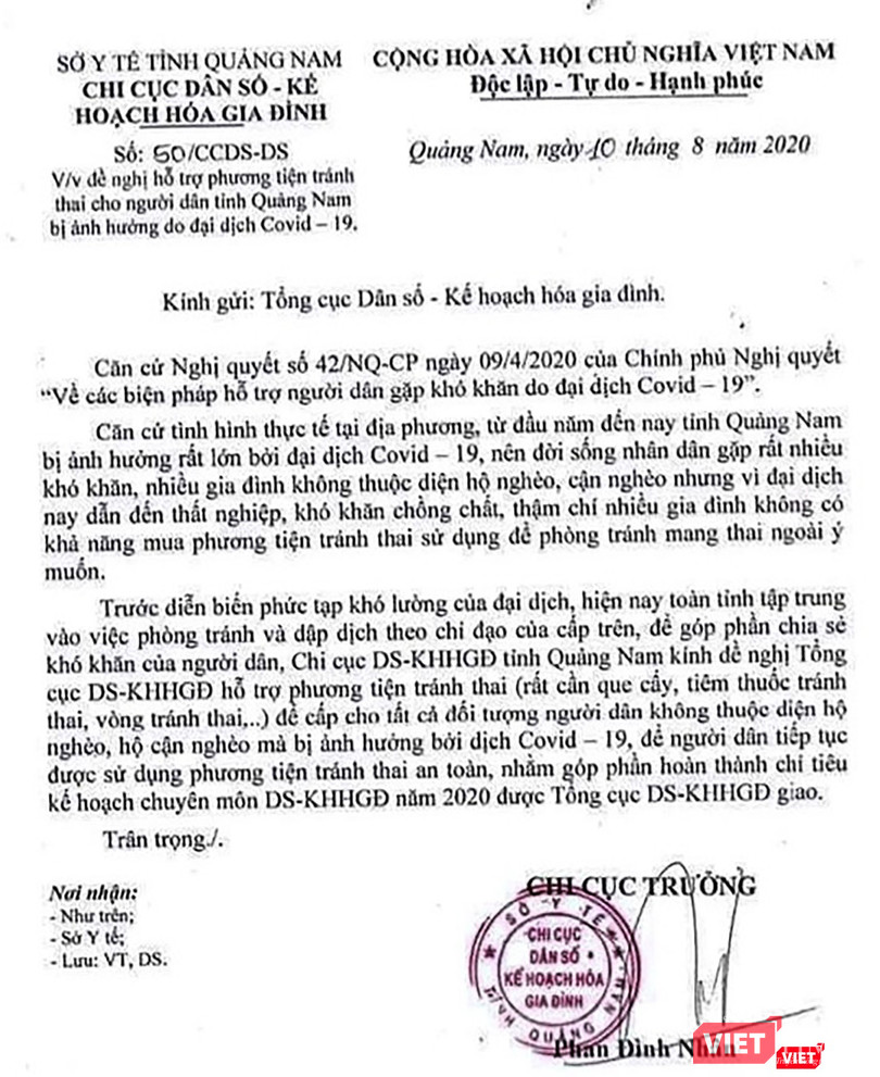 Công văn xin hỗ trợ phương tiện tránh thai của Chi cục DS - KHHGĐ tỉnh Quảng Nam