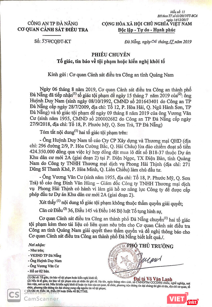 Phiếu chuyển của cơ quan Công an TP Đà Nẵng đến Công an tỉnh Quảng Nam liên quan đến đơn tố cáo của công dân đối với dự án Khu dân cư mới 2A - Pride City (phường Điện Ngọc, thị xã Điện Bàn, Quảng Nam)