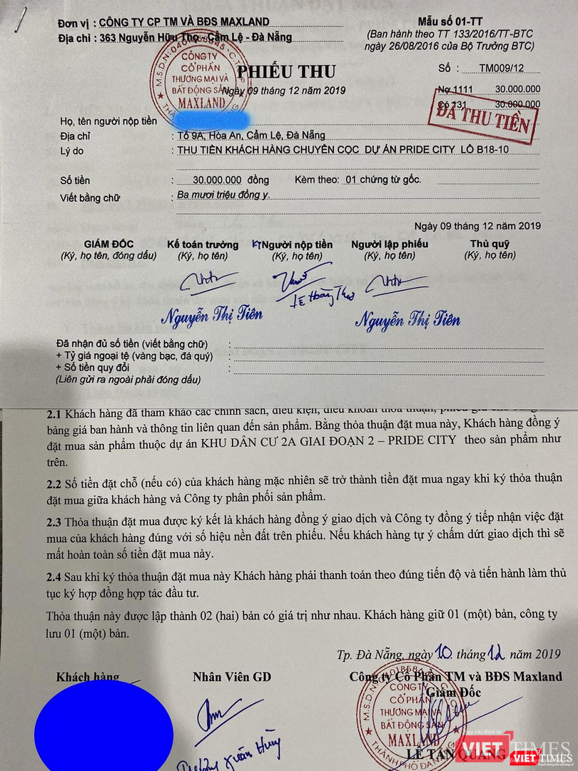 Hợp đồng đặt chỗ và phiếu thu tiền cọc đặt mua sản phẩm đất nền tại dự án Khu dân cư mới 2A - Pride City (phường Điện Ngọc, thị xã Điện Bàn, Quảng Nam)