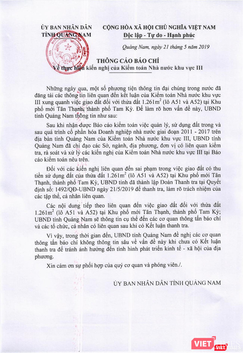 Thông cáo báo chí của UBND tỉnh Quảng Nam đề nghị báo chí không thông tin sâu về lô đất A51 và A52 theo nội dung báo cáo của Kiểm toán Nhà nước