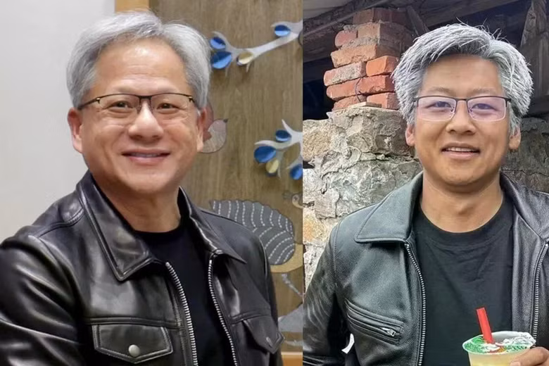 Một người đàn ông Trung Quốc (bên phải) đã chi 28 USD để trông giống như ông chủ Nvidia, Jensen Huang, thu hút được lượng người theo dõi lớn trên mạng. Ảnh: chengdu.cn.