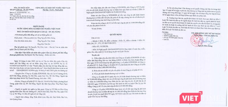 Bản án sơ thẩm của TAND quận Cẩm Lệ chấp nhận toàn bộ yêu cầu của STPower về việc yêu cầu chấm dứt Hợp đồng đặt cọc vào tháng 6/2020 và Biên bản thỏa thuận đồng sở hữu ngày 24/7/2020 giữa STPower và H.V.S); chấp nhận yêu cầu của STPower buộc H.V.S có hoàn trả số tiền 2 tỷ đồng đã nhận.