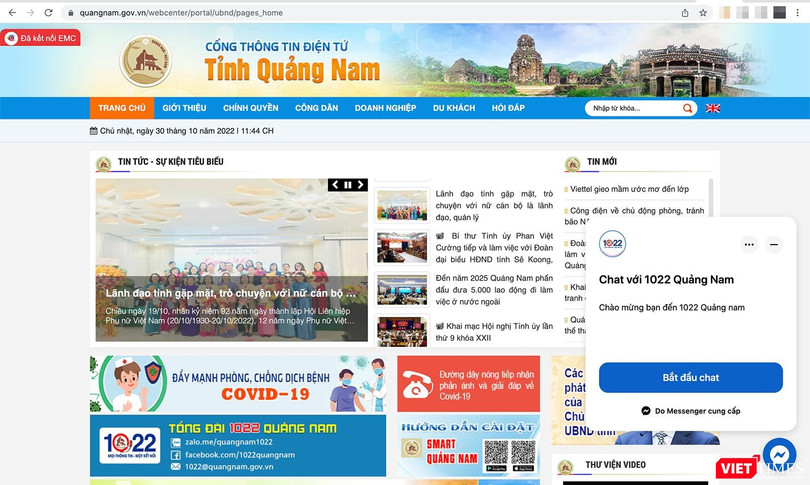 Ứng dụng chatbot 1022 được kích hoạt trên nền tảng website Cổng thông tin điện tử tỉnh Quảng Nam