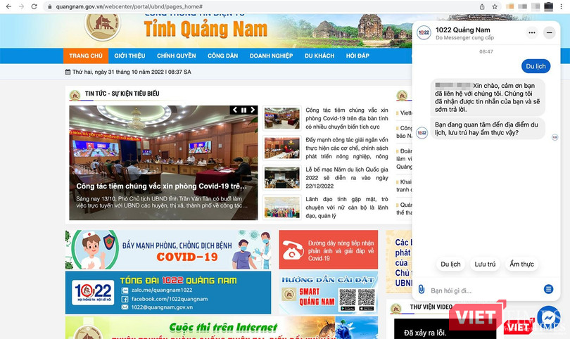 Trả lời và gợi ý nội dung của "trợ lý ảo"-Chatbot 1022 Quảng Nam ngay sau câu hỏi của công dân