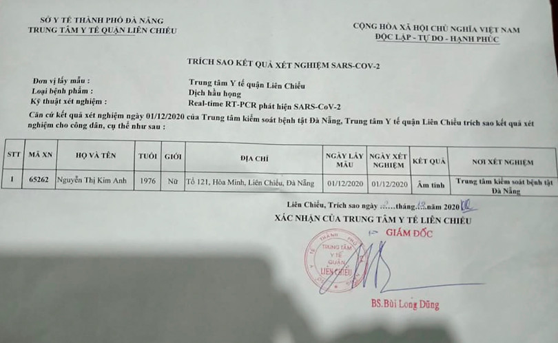 Phiếu xét nghiệm thật