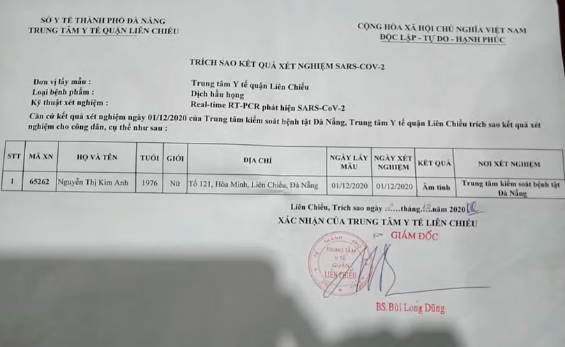 Phiếu xét nghiệm thật