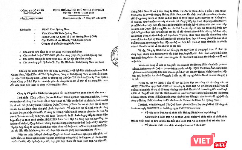 Văn bản phúc đáp của Công ty Bách Đạt An trước sự chỉ đạo của tỉnh Quảng Nam về vụ việc