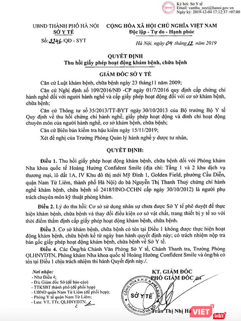 Quyết định thu hồi giấy phép hoạt động Phòng khám Nha khoa Quốc tế Hoàng Hường của Sở Y tế TP Hà Nội