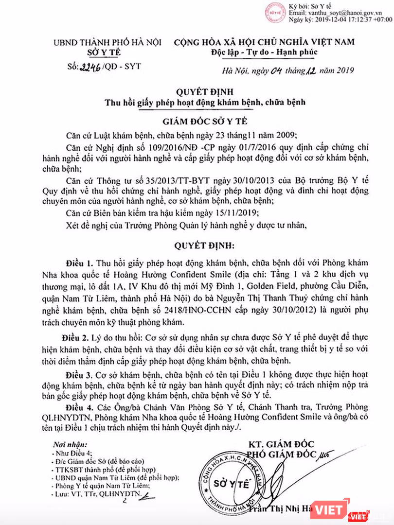 Quyết định thu hồi giấy phép hoạt động Phòng khám Nha khoa Quốc tế Hoàng Hường của Sở Y tế TP Hà Nội Quyết định thu hồi giấy phép hoạt động Phòng khám Nha khoa Quốc tế Hoàng Hường của Sở Y tế TP Hà Nội