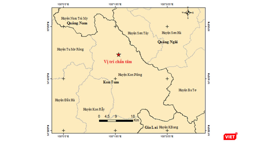 Vị trí trận đông đất xảy ra sáng ngày 14/3, tại khu vực giáp ranh giữa tỉnh Quảng Nam và Kon Tum