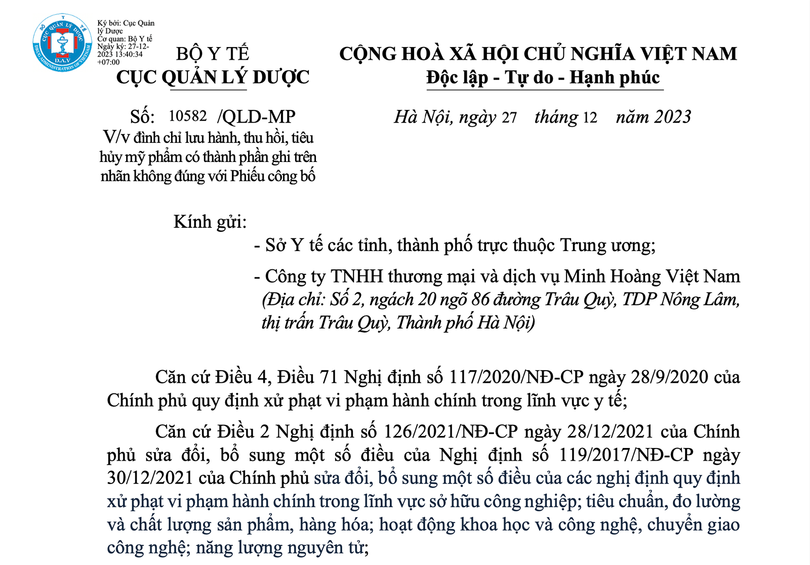 Quyết định đình chỉ lưu hành, thu hồi trên toàn quốc 16 sản phẩm mỹ phẩm do Công ty TNHH thương mại và dịch vụ Minh Hoàng Việt Nam đứng tên công bố và chịu trách nhiệm đưa ra thị trường