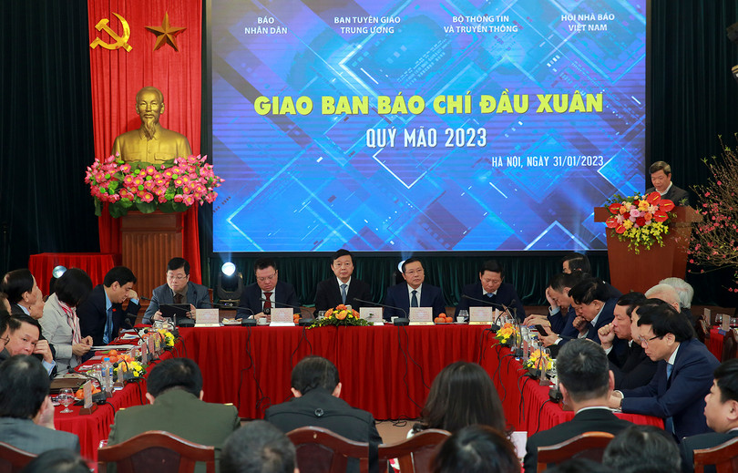 Quang cảnh Giao ban Báo chí đầu xuân Quý Mão 2023 vừa diễn ra sáng nay (31/1), tại Hà Nội. (Ảnh: VGP/Minh Khôi)