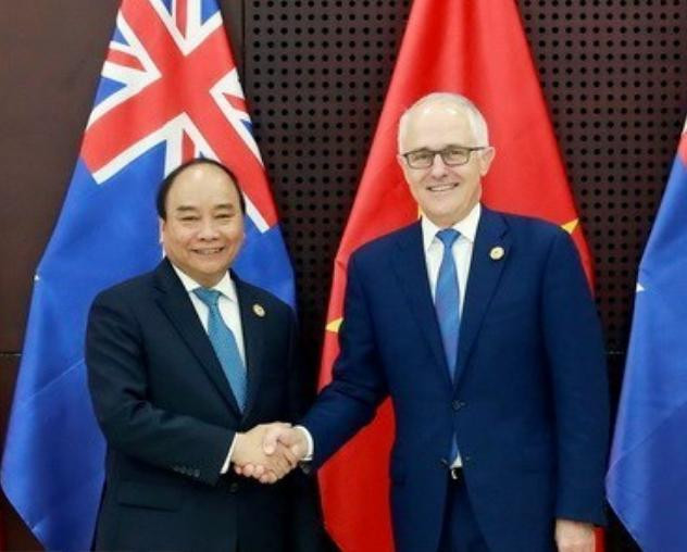 Thủ tướng Chính phủ Nguyễn Xuân Phúc và Thủ tướng Australia Malcolm Turnbull. Ảnh: Chinadaily.