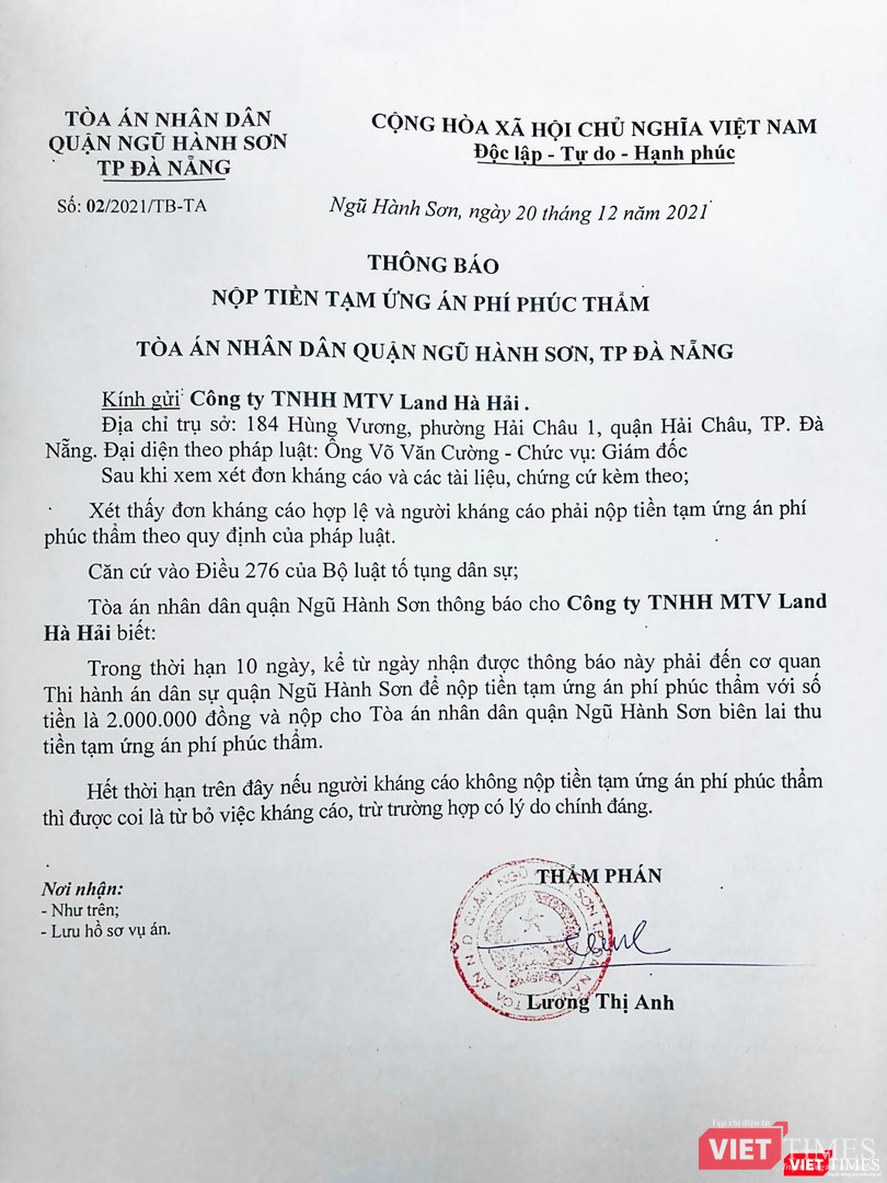 Thông báo nộp tiền tạm ứng án phí phúc thẩm của TAND quận Ngũ Hành Sơn đối với đơn kháng cáo của Land Hà Hải