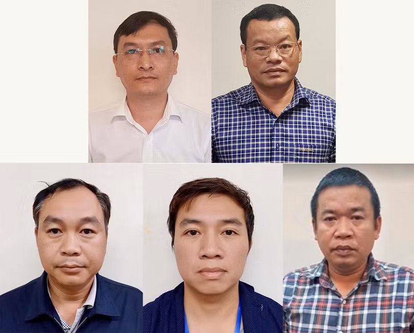 Các bị can Lê Quang Hào, Nguyễn Mạnh Hùng, Hà Văn Bình, Nguyễn Tiến Thành và Đỗ Ngọc Ân (Ảnh Bộ Công an)