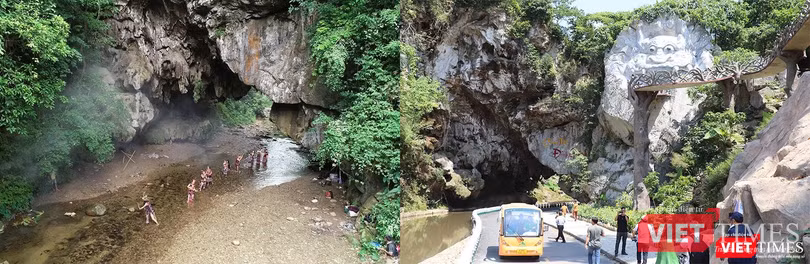 Di tích lịch sử Hang Gợp trước đây (ảnh trái) và sau khi được Tập đoàn FVG đầu tư (ảnh phải) xây dựng Khu du lịch Cổng Trời Đông Giang