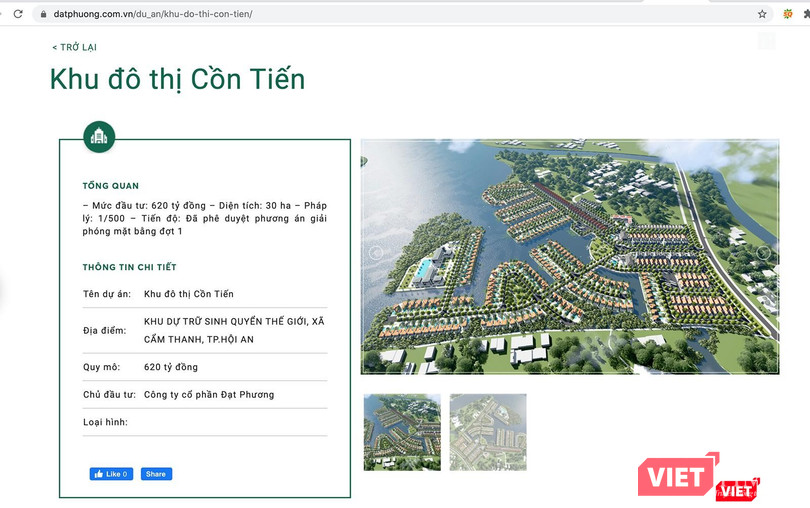 Thông tin dự án bất động sản Khu đô thị Cồn Tiến do Công ty CP Đạt Phương làm chủ đầu tư được xây dựng tại Khu dự trữ sinh quyển thế giới xã Cẩm Thanh, TP Hội An, Quảng Nam