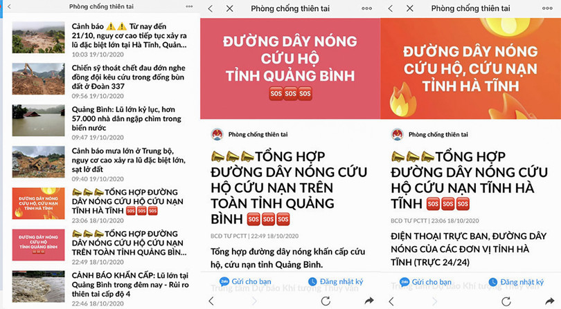 Trang Zalo “Phòng chống thiên tai” gửi thông tin đến người dân