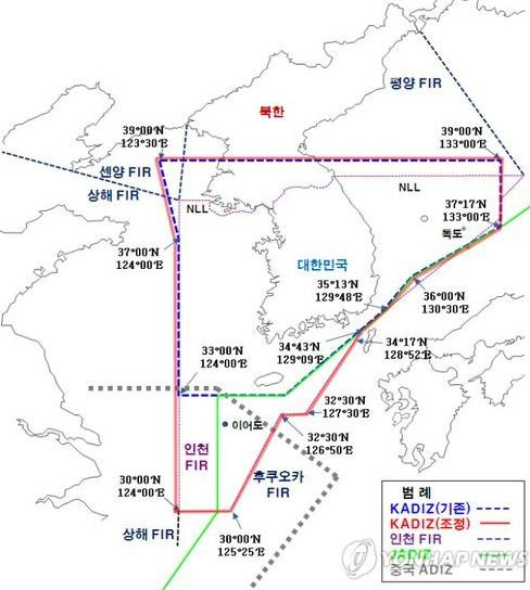 Vùng nhận dạng phòng không (ADIZ) Hàn Quốc và Trung Quốc chồng lấn lên nhau. Ảnh: Guancha