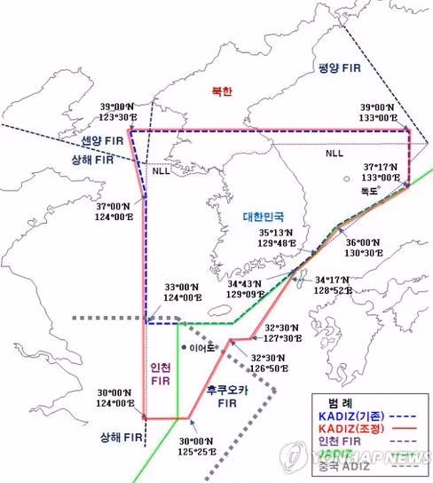 Vùng nhận dạng phòng không (ADIZ) Hàn Quốc và Trung Quốc chồng lấn lên nhau. Ảnh: Guancha