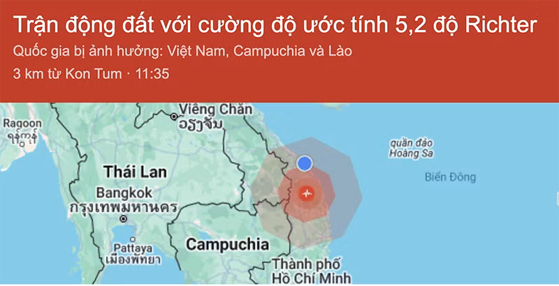 Vị trí trận động đất xảy ra vào khoảng 11h35 ngày 28/7 tại tỉnh KonTum khiến nhiều nhà cửa ở Đà Nẵng bị rung lắc