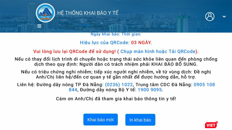 Giao diện ứng dụng khai báo y tế bằng QRcode được Đà Nẵng triển khai để kiểm soát phòng dịch COVID-19