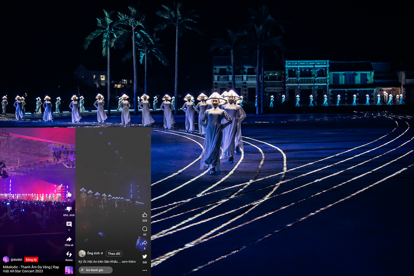 Hình ảnh những diễn viên mặc áo dài trắng, đầu đội nón đèn led bước ra với nhịp điệu bước đi, hai tay chắp phía sau lưng ở show diễn "Ký Ức Hội An" (ảnh lớn) và màn biên đạo tiết mục “Khúc da vàng” (ảnh nhỏ).