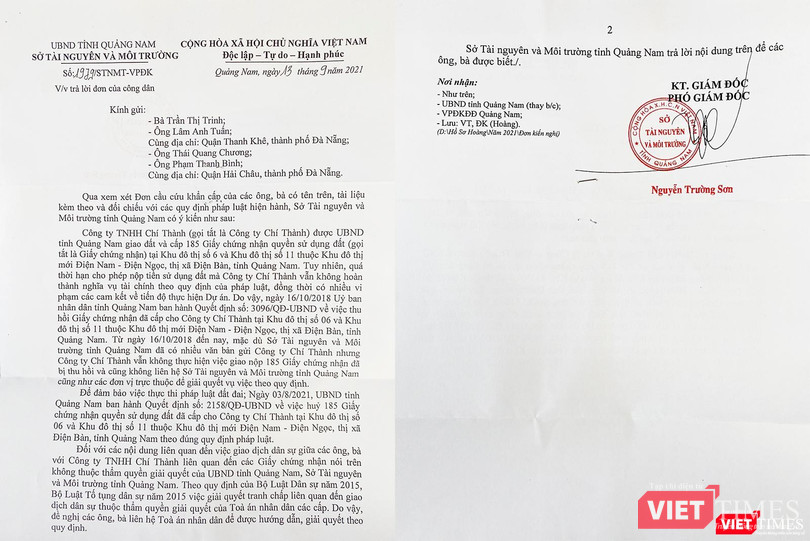 Văn bản trả lời các cá nhân liên quan đến vụ việc thu hồi 185 sổ đỏ được UBND tỉnh Quảng Nam cấp cho Công ty TNHH Chí Thành