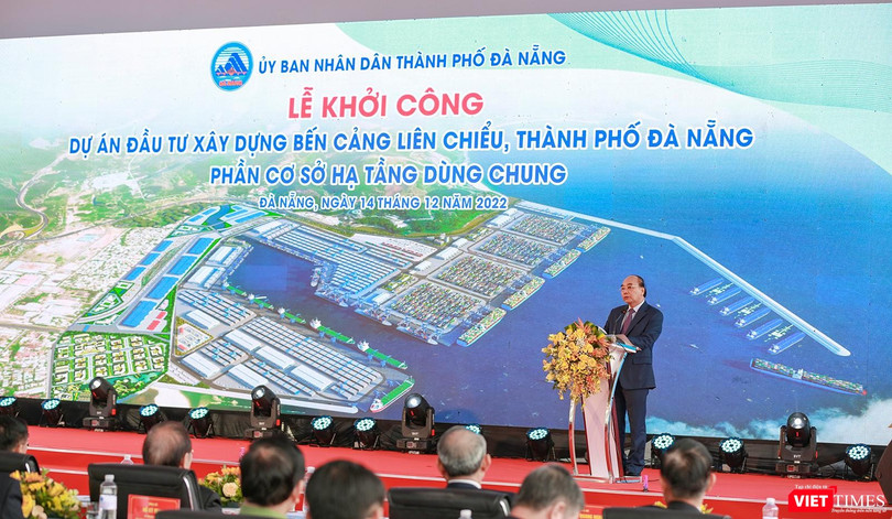 Chủ tịch nước Nguyễn Xuân Phúc phát biểu lại lễ khởi công Hợp phần A- Cơ sở hạ tầng dùng chung của dự án xây dựng bến cảng Liên Chiểu 
